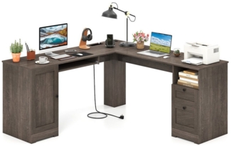 COSTWAY Eckschreibtisch, Computertisch mit Ladestation, Schrank, 2 Schubladen