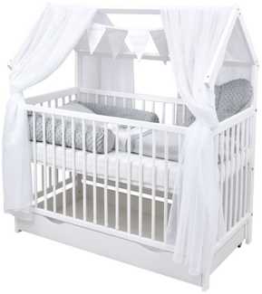 Baby-Delux Komplettbett Hausbett Babybett Schublade Schutzgitter Beißschienen Komplettset, 11-tlg, Kinderbett 60x120 cm weiß, Bettset verschiedene Designs