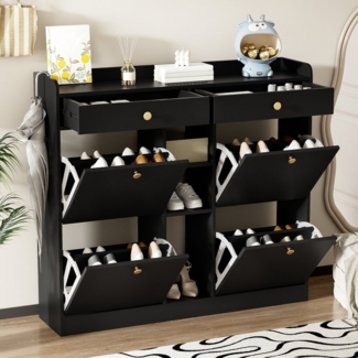 Merax Schuhschrank mit 4 Klapptüren, 2 Schubladen & 3 offenen Fächern (1-St) Kommode Schrank Schuhkommode Schuhregal, 110 x 26 x 100 cm