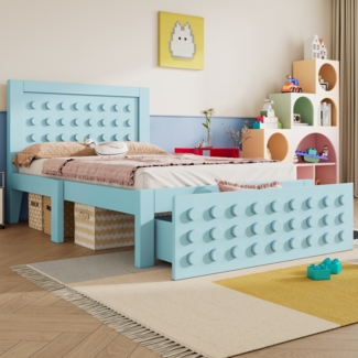 Kinderbett 90x200 cm mit Schublade & Anti-Kollisionsdesign – modernes MDF Massivholzbett mit Stauraum,Blau