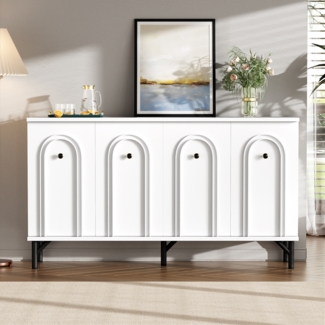 Merax 140 cm Kommode 4-türiges Sideboard, 3D-Bogenfront, verstellbare Einlegeböden – Weiß