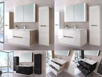 Homeline Badmöbel-Set Bad Möbelset Badezimmer Möbel Hochglanz 90 cm Eiche / Weiß Schwarz, (Spar-Set, 3-St, Fünfteiliges Set), Spiegelschrank mit Keramikbecken, Hochglanz
