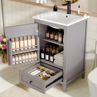 Merax 51 x 46 x 85 cm Waschtisch, Badezimmerschrank mit Waschbeck, verstellbares Regal, mit Schublade, Grau