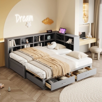 Merax Daybett 90/180x190cm mit USB-Steckdose (1 tlg), Ausziehbares Schlafsofa Kinderbett mit Ablagefächern und 2 Schubladen