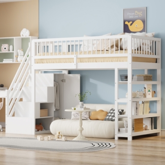 Merax Hochbett 90 x 200cm, Kinderbett Jugendbett, Multifunktionsbett, Massivholzbett, Hochzaun-Sicherheitsdesign mit Kleiderschrank, Regalen und Stauraum mit Sicherheitskletterleiter, weiß