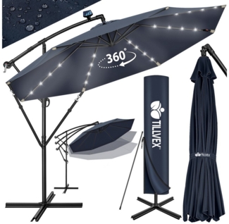 tillvex Alu Ampelschirm Navy-Blau LED Solar Ø 350 cm mit Kurbel | Sonnenschirm mit An-/Ausschalter | Gartenschirm UV-Schutz Aluminium | Kurbelschirm mit Ständer Marktschirm wasserdicht