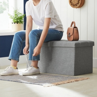BlingBin Sitzhocker Bettbank mit Stauraum Sitzbank Faltbar Truhen Sitztruhe Fußbank (1 Stück, 1 St, 1er Set), Gepolsterte Sitzfläche aus Leinen, 76x37,5x38 cm