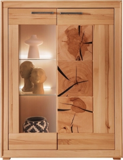 Lomadox Highboard WINNIPEG-69, Vitrinenschrank 103cm, Kernbuche massiv, Hirnholz-Details, mit LED