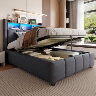 Polsterbett mit LED-Beleuchtung und USB-Anschluss, Kopfteil mit Ablageflächen und Stauraum, hydraulischer Stauraum, Einzelbett für Kinder, Leinenstoff, 90×200 cm