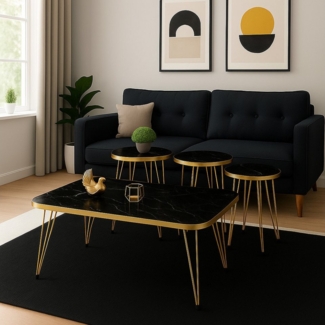 Jungengel Couchtisch Marmor 4-Teilig Beistelltisch Wohnzimmer Tisch Goldgestell Barock (Couchtisch-Set, 4-teilig, 4-St, 4-teiliges Couchtisch-Set), Luxus Couchtisch-Set in Marmoroptik Schwarz/Weiß mit goldenen Akzenten