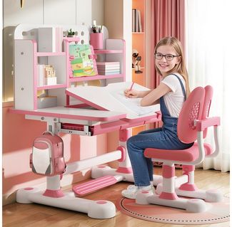 Rutaqian Kinderschreibtisch Kinder-Schreibtisch- und Stuhl-Set,Höhenverstellbar mit Sitzkorrektur (Multifunktionsschreibtisch mit Leseständer,Schublade,Rucksackhaken, 1-St, Ergonomischer Schreibtisch-Stuhl Set,Zonenförmig gestalteter Stauraum), Verstel...