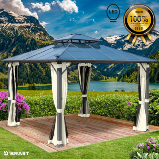 BRAST Pavillon Aluminium Pagode 3,5x3,5m Beige inkl. Moskitonetz + LED festes Dach wasserdicht stabil UV-Schutz