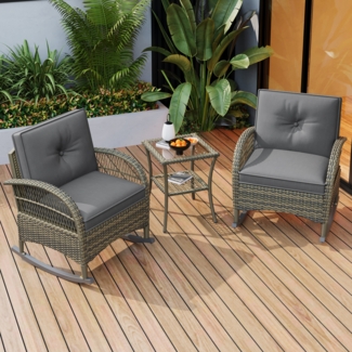 LVHOM Balkonmöbel Set 3 teilig mit Kissen, Gartenmöbel Set aus Polyrattan mit Tisch, Schaukelsessel Set Garten, Gartenstühle, Balkonset 3tlg, Grau