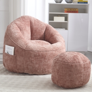 LVHOM Klassischer Sitzsack mit Hocker, Bean Bag mit Sitzpuff, Chenille Kuschelstuhl Sitzsäcke, 89 x 88 x 76 cm