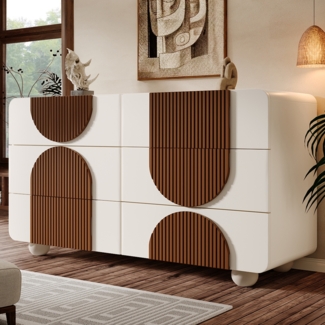 Kommode, 6 Schubladen geschwungenes Design Sideboard leise Schiebeschubladen Kippsicherung, Holz, Weiß/Schokoladenfarbe, 121 x 71 x 41 cm
