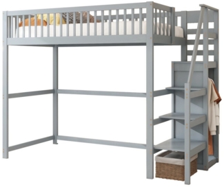 HAUSS SPOLE Kinderbett 90x200 Hochbett mit Treppe, Aufbewahrungsregal und Kleiderschrank Grau (Regal und Kleiderschrank, ideal für Kinderzimmer, 90 x 200 cm), Ohne Matratze