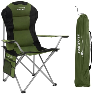Hauki Campingstuhl Faltstühl faltbar mit Getränkehalter & Tragetasche bis 150kg (1 St), Klappstuhl 56x95x110 cm Khaki Angelstuhl mit Hochlehner Gepolster