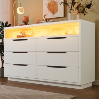 Merax Sideboard, Kommode mit LED-Beleuchtung und 6 Schubladen, Staufach mit Marmorkorn, Moderner Schrank für Wohnzimmer und Schlafzimmer, 120x40x85cm, Weiß
