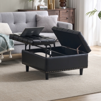 LVHOM Sitzbank mit Stauraum, Ottomane Leinen, Lift-Top - Fußhocker/Couchtisch, 130kg belastbar für Wohnzimmer/Büro/Schlafzimmer, 75x75x41cm, Schwarz