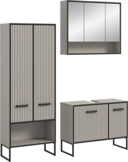 welltime Badmöbel-Set Locri, Breite 154 cm, Rillenoptik, Metallkufen, (3-St), best. aus: Hochschrank, Waschbeckenunterschrank, Spiegelschrank