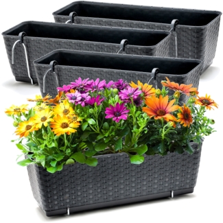 BigDean 4er Set Blumenkästen für Balkon-Geländer - Rattan-Optik - Anthrazit - Balkonkästen mit Metall-Halterungen - 49 x 17 x 17 cm - inkl. Bewässerungssystem