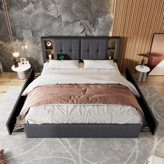 Polsterbett 160x200 cm mit kabellosem Laden und 4 Schubladen – Leinenbezug, integrierte USB-/Type-C-Anschlüsse