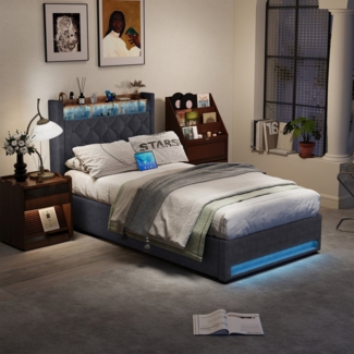 OKWISH Polsterbett mit holländischem Samt – Modern & Elegant (In 5 Größen erhältlich • Hochelastischer Schaum • Mit Lattenrost, 2-tlg), Mit LED-Lichtleiste und USB-Aufladung