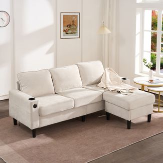 L-förmiges Schlafsofa aus Leinen mit USB/Type-C-Anschlüssen & Getränkehaltern, 202x137x80 cm, Beige