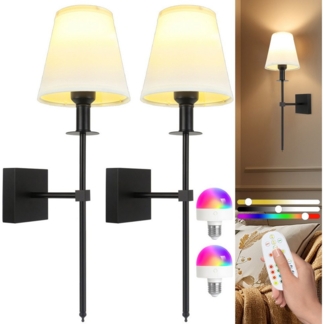 POPOLIC Wandleuchte Aufladbare Wandleuchten, Set mit 2 kabellosen Wandlampen, dimmbare, für Schlafzimmer, mit Fernbedienung, 12 RGB Farben, Timer-Funktion