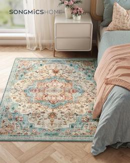 SONGMICS HOME Teppich, 120 x 170 cm, Wohnzimmerteppich, Rutschfester Teppich, traditioneller Vintage-Stil, für Wohnzimmer, Küche, Flur, Esszimmer, maschinenwaschbar,Aquamarinblau