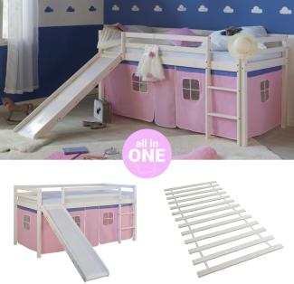 Hochbett mit Lattenrost 90x200 Rutsche Stockbett Kinderbett Holz Kiefer Vorhang Rosa Spielbett