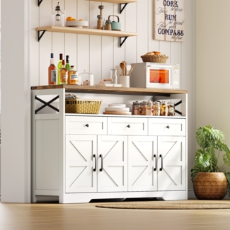 Merax Sideboard Buffet-Anrichte 140cm mit Stauraum, Kaffeebar mit 3 Schubladen, Konsole im Landhausstil mit Türen, Schränke mit Einlegeböden, geeignet für Küche, Wohnzimmer, Diele, rustikaler Stil weiß/braun