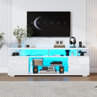 Merax Moderner Low-Panel-Hochglanz-TV-Ständer mit LED-Beleuchtung, TV-Panel, TV-Glasschrank für 60-Zoll-Fernseher, Tische, universelle Gaming-Medienständer, Stauschränke und große Stauräume, weiß