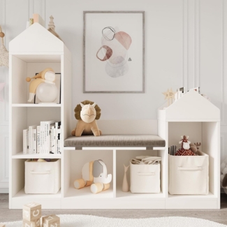 GarveeMore Kinderregal mit 6 Fächern und Sitzkissen,Burgdesign Spielzeugtruhe,121x30x107cm, Bücherregal Kinder,Standregal Spielzeug für Kinderzimmer,Schlafzimmer