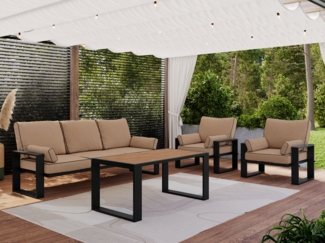 Gartenmöbel Set mit einem Tisch, Sofa und zwei Sesseln auf Metallbeinen, 5 Personen Sitzecke - ELBA 1 - beige