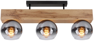 Deckenleuchte, Holzoptik, Glas rauch, 3-Flammig, L 65 cm