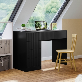 Bellamio 'Livny' Schreibtisch mit 5 Schubladen, beidseitig montierbar, schwarz geriffelt, 75x53x110 cm, Computertisch mit Stauraum, Bürotisch mit Push-to-open, geeignet als Schminktisch