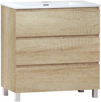 BAIKAL Badmöbel-Set LESI bestehend aus Möbel mit Füßen und Keramikwaschbecken, DREI Schubladen, Melamin 16 mm, montiertes Möbelstück, Tiefe 46 cm, 70 cm Nature