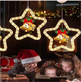 QUBEBU LED-Lichterkette LED Weihnachtsstern Beleuchtet Glocke Weihnachtsmann Weihnachtsdeko, LED-Lichtervorhang Xmas Fenster Silhouette Stern Batteriebetrieben