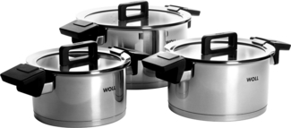 WOLL Kochtopf‑Set Concept 6‑tlg. Glasdeckel mit Abgießfunktion Töpfe Ø 18/20/24 cm Edelstahl mit Aluminium-Induktionsboden Alle Herdarten inkl. Induktion Backofenfest bis 200 °C Spülmaschinenfest