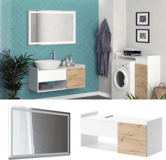 Vicco Badmöbel-Set Alf, Weiß Artisan Eiche, Badezimmer, moderne Badserie, Waschtischunterschrank, LED-Spiegel