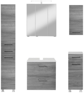welltime Badmöbel-Set "Trento", Badezimmer-Set, Hängeschrank, Unterschrank, Hochschrank, (5-St), Waschbeckenunterschrank, Spiegelschrank inkl. Aufbauleuchte