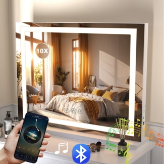 oyajia Schminkspiegel Musik Schminkspiegel mit Beleuchtung, Spiegel Bluetooth-Lautsprecher (Tischspiegel mit touchscreen, Wandspiegel,Abnehmbare Lupe, USB und Typ-C), 3 Lichtfarben stufenlos dimmbar mit LED touchscreen Kosmetikspiegel