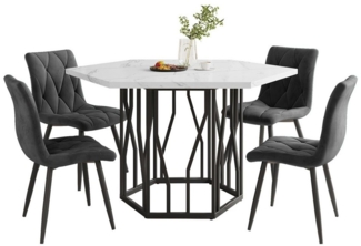 i@home Essgruppe 115,5 x 100 cm Esstisch mit 4 Stühlen, (Moderner Küchentisch Set, Set, 5-tlg, für 4 Personen), Marmor-Esstisch + 4 Esszimmerstühle aus grauem Samt