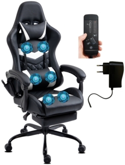 Delman Gaming Stuhl Bürostuhl Gaming Chair Bürosessel Massagefunktion mit 6 Vibirationspunkten Fußablage Metallische Fußkreuz Ergonomische Stuhl 37 Weiß