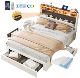 FUROKOY Polsterbett Doppelbett,Funktionsbett Stauraumbett mit LED-Licht (Set, 1-tlg, mit 4 Schubladen), 160x200 cm, ausziehbare Bettkästen, Beige,mit Matratze