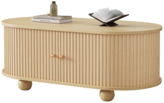 MODFU Couchtisch ovaler Couchtisch – minimalistisches Design (Satztisch, Wohnzimmertisch Beistelltisch, 1-St, 2 Schiebetür), ovale Form, Vertikale gestreifte Schranktüren