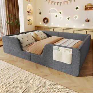 Merax Polsterbett 140x190 cm mit abnehmbarer Sicherheitsleiste (Jugendbett Babybett Einzelbett, 1-tlg), Bodenbett Kinderbett mit Aufbewahrungstasche & Lattenrost, Samtbezug