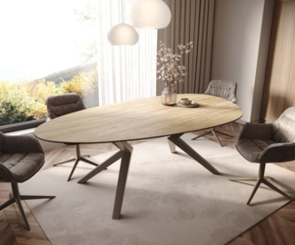 Esstisch Edge Oval 220x120 Keramik Laminam® Sabbia Eichefarbig Zenthara kantig Metall Effektfinish Titan