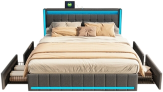 FUROKOY Stauraumbett Polsterbett Doppelbett mit LED-Beleuchtung und 4 Schubladen (Gepolstertes Kopfteil mit USB und Typ-C Ladeanschluss), für Erwachsene und Jugendliche, 140x200 cm, Leinen, Dunkelgrau